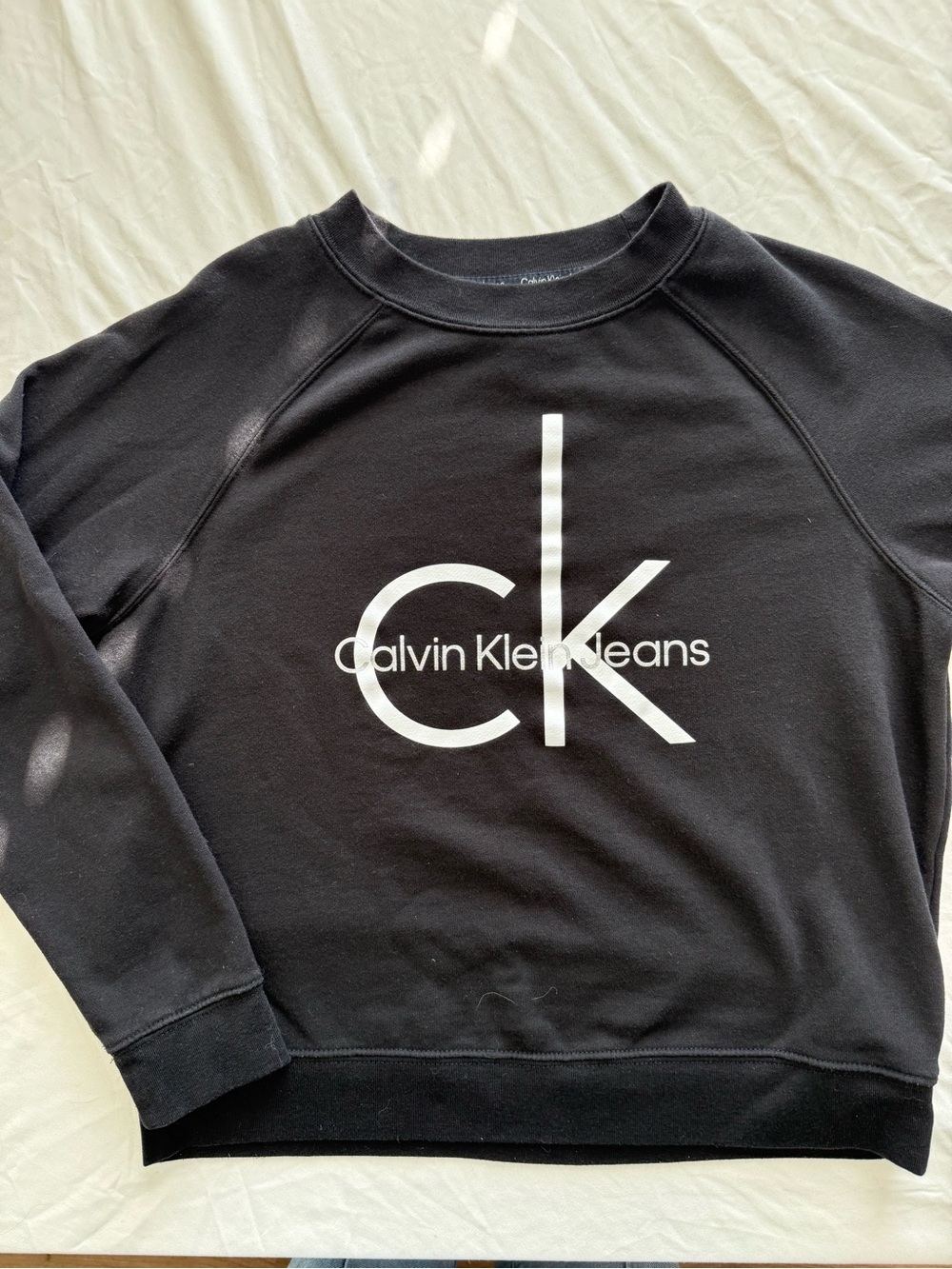 Calvin Klein Jeans Med Black Crewneck Sweatshirt White CK Logo Cozy Athleisure
